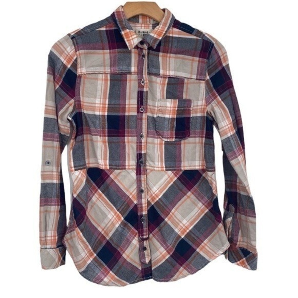 Holding Horses Button Up Shirt Women Size Small Orange Blue Plaid Flannel Anthro